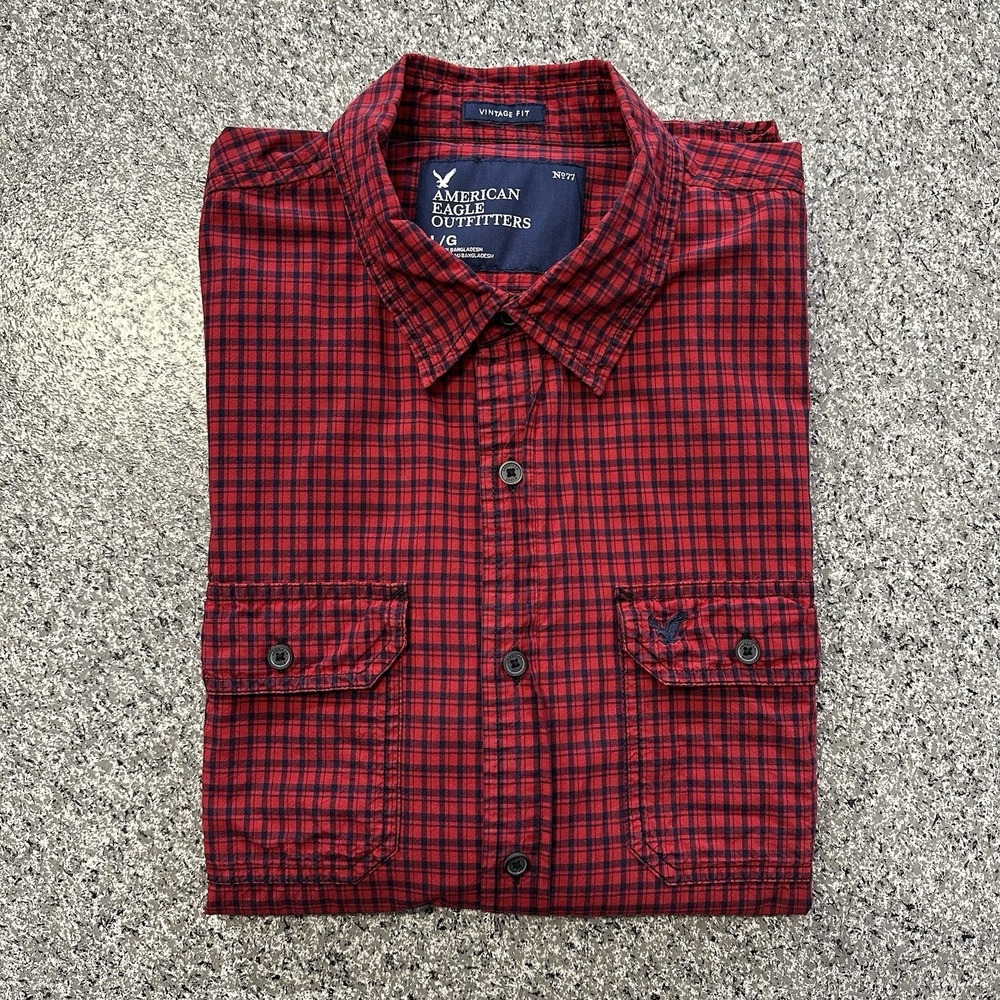 American Eagle Button Down Long Sleeve Shirt Mens L Vintage Fit Red Plaid